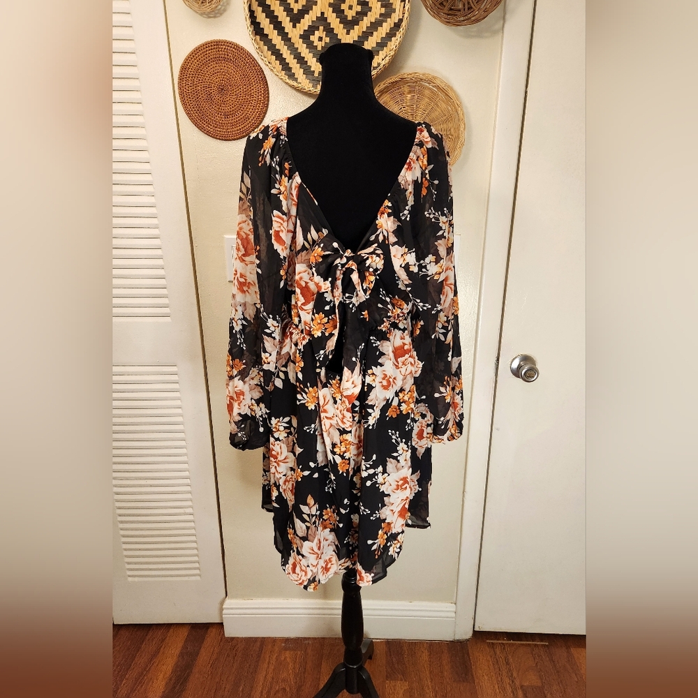 Black Floral Long Sleeve Mini Dress With Tie Back - Picture 12 of 12
